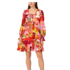 VINCE CAMUTO Flounce hem Long Sleeve Mini Dress Tropical Red/Pink Multi Women L